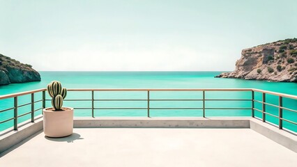 Obraz premium Serene Coastal View From A Minimalist Balcony, A Single Cactus In A Pot Basking In The Suns Warmth, Overlooking A Tranquil Turquoise Sea And Dramatic Cliffs
