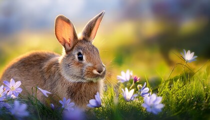 A cute Easter bunny nestled among spring flowers, with a soft, sunlit background creating a warm, cheerful atmosphere.
