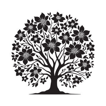 black floral tree silhouette on white clip art preview