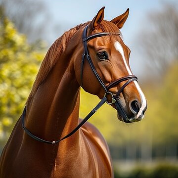 portrait of budyonny chestnut dressage gelding horse with white line posing in paddock in spring daytime