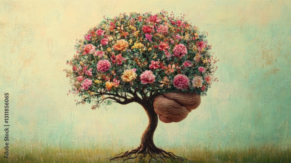 Poster a captivating tree blending lush floral blooms and brain-shaped roots, set in a serene grassy field 