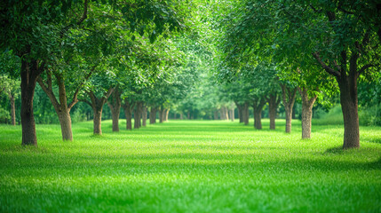 Fototapeta premium Lush pathway through vibrant green orchard with symmetrical tree rows