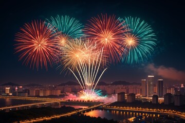 Fototapeta premium fireworks are lit up in the night sky over a city