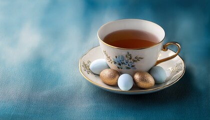 A delicate porcelain teacup with tea and Easter eggs, capturing a serene spring morning in an elegant setting.
