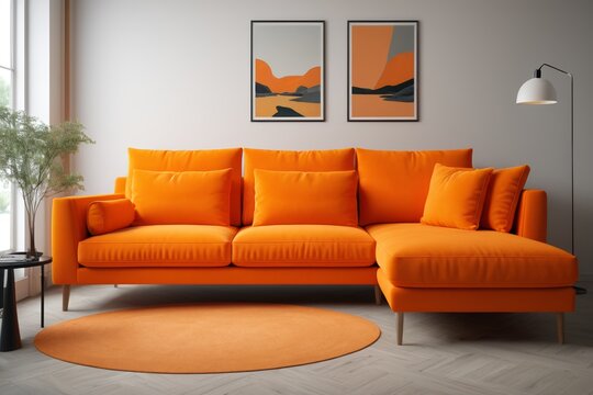 arafed orange couch in a living room with a round rug