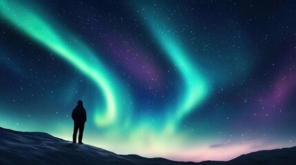 Fototapeta premium Aurora borealis northern lights concept. A mesmerizing view of the aurora borealis illuminating the night sky.