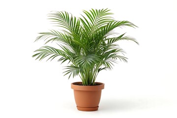 Obraz premium A Vibrant, Healthy Parlor Palm Thriving In A Terracotta Pot, Bringing A Touch Of The Tropics Indoors With Its Lush, Green Fronds Against A Bright White Background