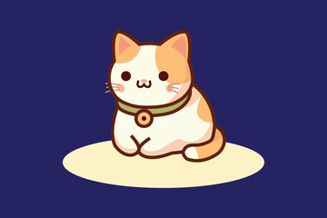 cat vector illustration in kawaii style, featuring a cute calico kitten with a round face, tiny paws.  Ideal for use in digital and print projects such as posters, merchandise, and branding.