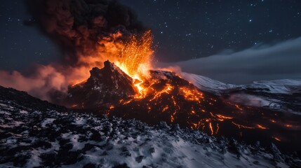 Volcanic Eruption at Night: A breathtaking view of an active volcano erupting at night, with fiery lava cascading down its slopes under a starlit sky.