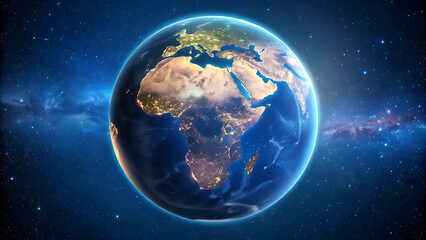 Fototapeta premium Our Fragile Earth, A Vibrant Blue Marble Glowing With City Lights Against A Backdrop Of Cosmic Wonder, Seen From Space