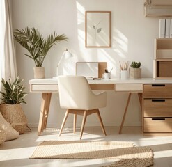 Sunlit minimalist home office with wooden desk, beige chair, plants, and storage.