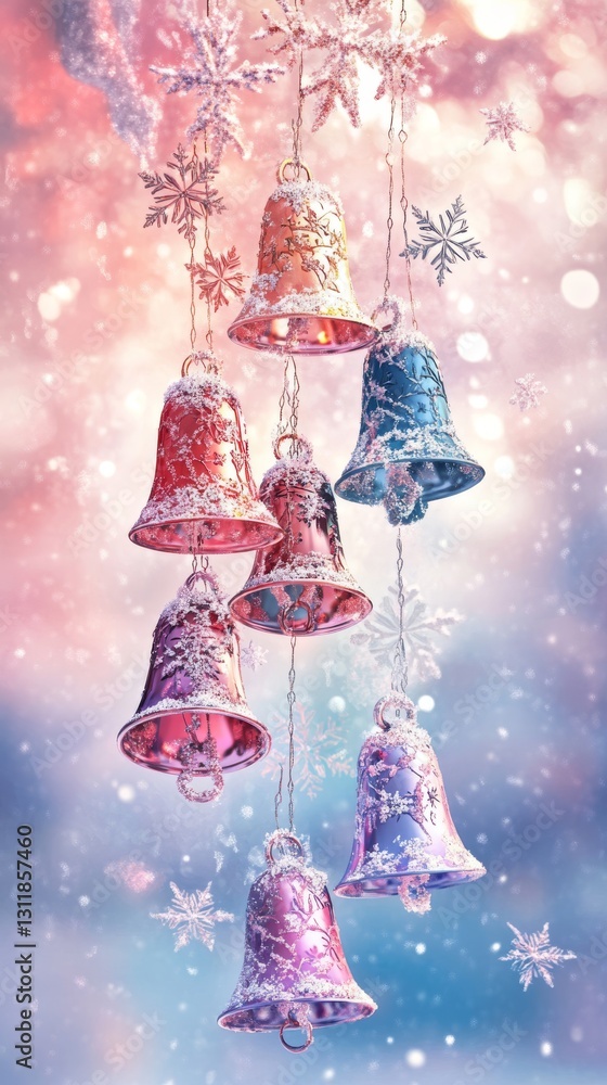 Poster a collection of colorful, ornate bells adorned with intricate snowflake patterns, hanging delicately