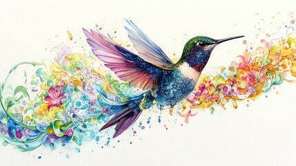 A vibrant watercolor hummingbird mid-flight, with wings aglow in blues, greens, purples, and oranges, ready to soar. Its delicate feathers shimmer with life