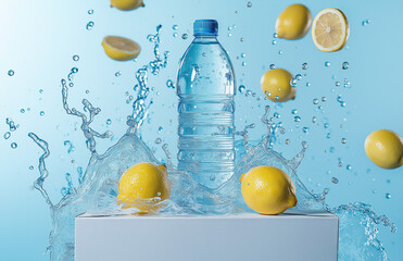 Crisp Lemons and Water Bottle Escaping a White Box, Surrounded by Splashing Water