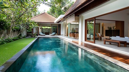 A serene villa featuring a glistening pool, lush greenery, and modern architecture, creating a perfect blend of luxury and nature.