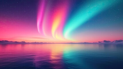 Naklejka premium Aurora borealis northern lights idea. A stunning display of auroras illuminating the night sky over calm waters.