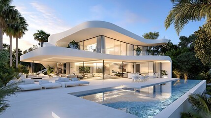 A modern, stylish villa with large glass windows, a pool, and tropical landscaping, set against a serene evening sky.