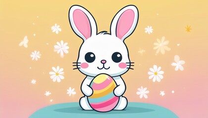 Fototapeta premium Cute Easter Bunny illustration in pastel colors, holding an Easter egg. A charming and soft design perfect for spring and holiday celebrations, with a playful and cheerful vibe. 