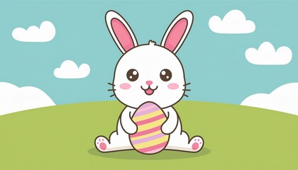 Fototapeta premium Cute Easter Bunny illustration in pastel colors, holding an Easter egg. A charming and soft design perfect for spring and holiday celebrations, with a playful and cheerful vibe. 