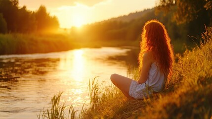 Redhead Woman Contemplates Sunset River Landscape