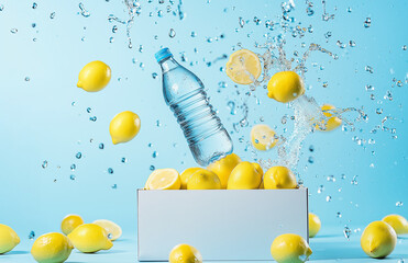Lemons and Water Bottle in Motion, Captured with Fine Details Against a Light Blue Background