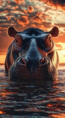 Fototapeta premium Hippo emerges from water at sunset against a stunning orange and blue sky