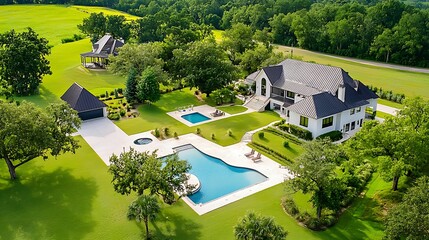 Aerial view of a spacious estate featuring a modern house, swimming pool, lush greenery, and a tranquil outdoor setting.