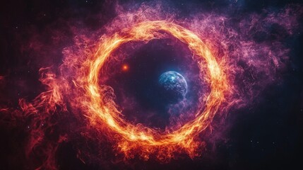 Fiery cosmic ring encircling earth against starry galaxy backdrop