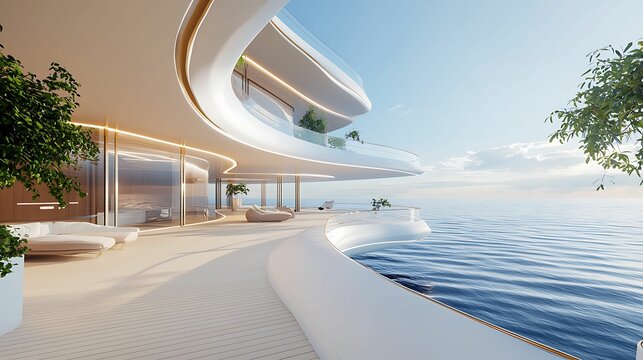 A modern architectural design featuring a sleek, curved structure by the water, surrounded by greenery and reflecting a tranquil atmosphere.