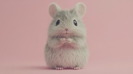Cute, fluffy, grey mouse on pink background