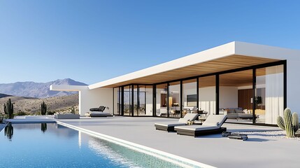 Fototapeta premium A modern house with large glass walls overlooking a pool and mountains, featuring a sleek design and a serene outdoor space.