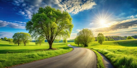 Fototapeta premium Serene Springtime Landscape Winding Road Through Lush Green Meadows Under a Brilliant Sun