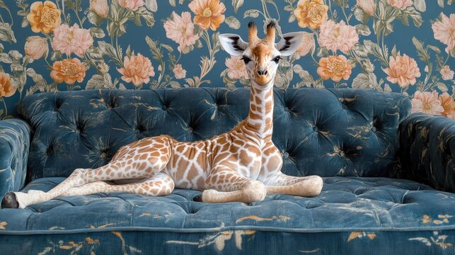 Young giraffe resting comfortably on floral patterned blue sofa indoors