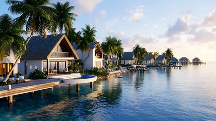 Obraz premium A serene waterfront scene featuring modern villas surrounded by palm trees, reflecting on calm waters under a clear sky.