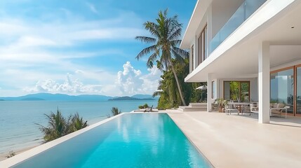 A modern villa with an infinity pool overlooking a serene beach and palm trees under a clear blue sky.
