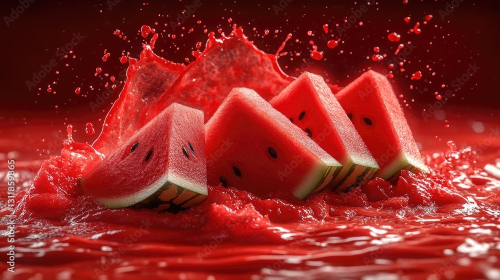 Poster vibrant watermelon slices with splash in refreshing red abstract