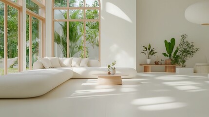 Fototapeta premium A serene interior featuring a light, modern design with large windows, natural light, and plants, creating a peaceful atmosphere.
