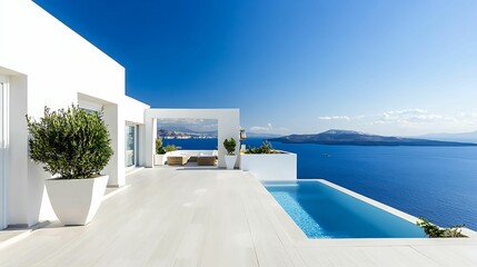 Fototapeta premium A modern villa with a pool overlooking a serene blue sea and sky, surrounded by white architecture and greenery.