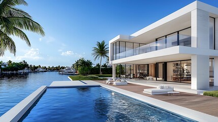 Fototapeta premium A modern waterfront house featuring a sleek design, large windows, a pool, and surrounding palm trees, set against a sunny sky.