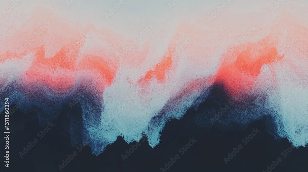 Wall mural in a dark space, abstract design is created by constantly shifting and merging iridescent fluid shap