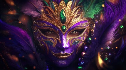 Vibrant mardi gras mask adorned with feathers and jewels at night. Mardi Gras, Fat Tuesday, Carnival Season. Bright Parades, Masks, Festive Costumes, Vibrant Atmosphere