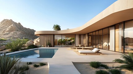 Fototapeta premium A modern villa with a curved design, featuring large windows, a swimming pool, and surrounded by desert landscapes.