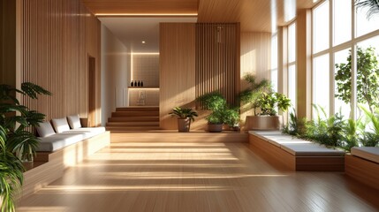 Obraz premium Serene interior of a modern wooden lounge with natural light and lush greenery, inviting relaxation