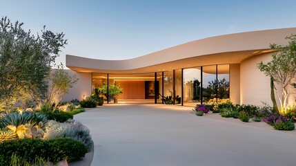 Fototapeta premium A modern, curved architectural design featuring large glass windows, surrounded by lush landscaping and warm lighting.