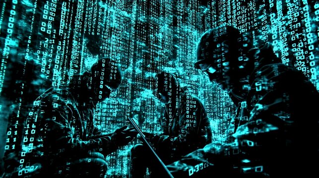 Military cyber warfare, digital attack, binary code, covert operation