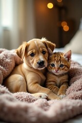 Cute puppy and kitten cuddling on a cozy blanket in a warm home interior, companionship, domestic