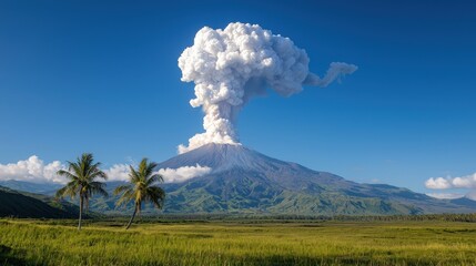 Volcanic eruption plume over lush green landscape with palm trees under a clear blue sky.