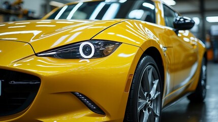 A yellow car with a black rim and a black headlight. The car is parked in a garage
