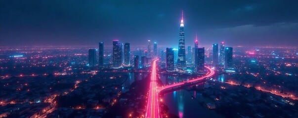 Futuristic city skyline illuminated by neon lights at night, night, glow