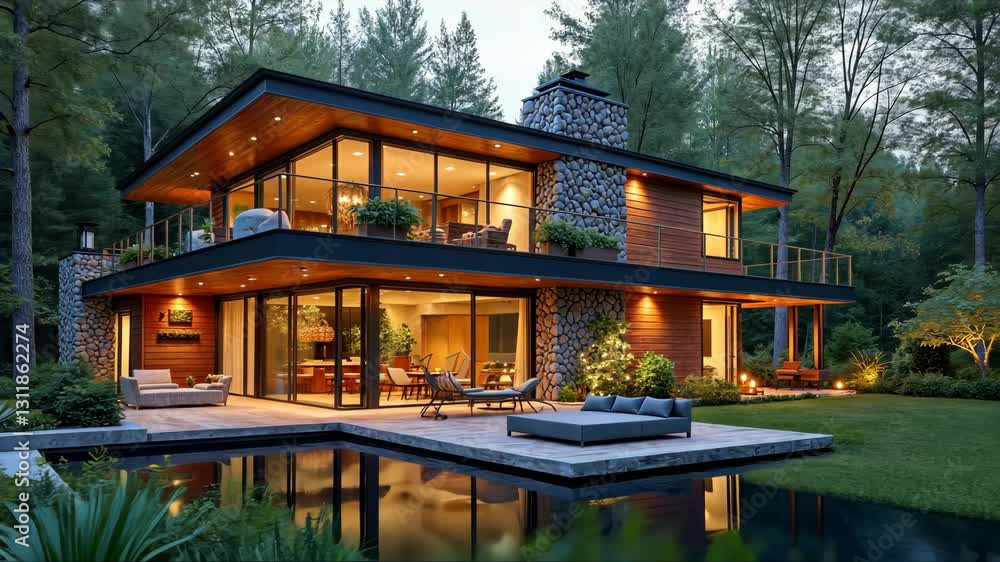 Poster large house with a pool and a fireplace. the house is surrounded by trees and has a modern design